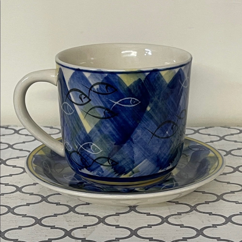 MCM Blue and Yellow Fish Pattern Cup and Saucer / oversized mug